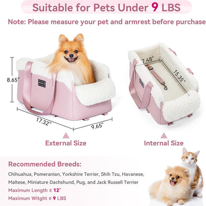 Cat Car Seat, Portable Console Dog Car Seat with Safe Protective Hooks, Luxury Pet Car Seat Includes Safety Leash and Storage Pocket for Pets Up to 9 lbs (Pink)