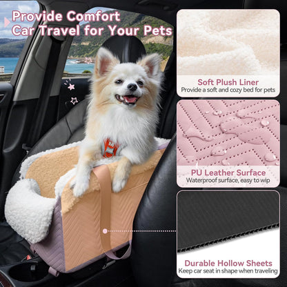 Cat Car Seat, Portable Console Dog Car Seat with Safe Protective Hooks, Luxury Pet Car Seat Includes Safety Leash and Storage Pocket for Pets Up to 9 lbs (Pink)