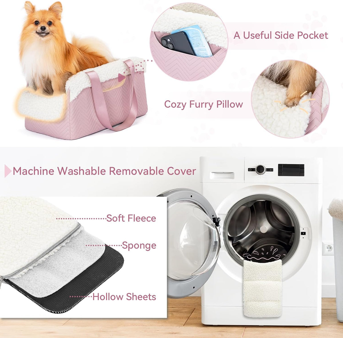 Cat Car Seat, Portable Console Dog Car Seat with Safe Protective Hooks, Luxury Pet Car Seat Includes Safety Leash and Storage Pocket for Pets Up to 9 lbs (Pink)
