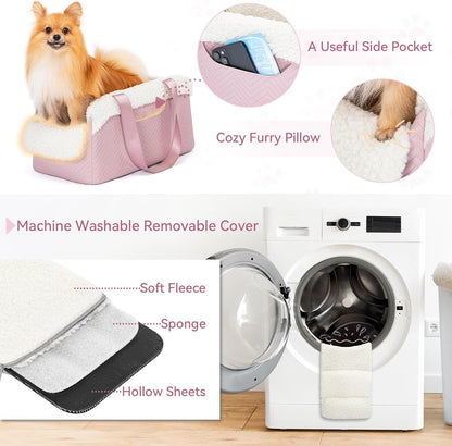 Cat Car Seat, Portable Console Dog Car Seat with Safe Protective Hooks, Luxury Pet Car Seat Includes Safety Leash and Storage Pocket for Pets Up to 9 lbs (Pink)