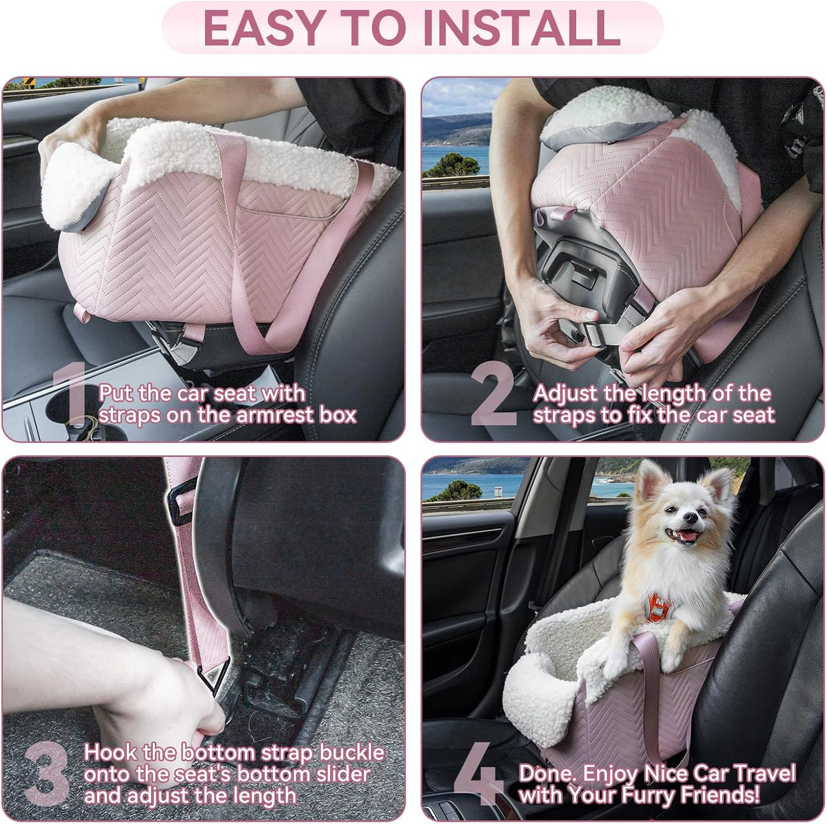 Cat Car Seat, Portable Console Dog Car Seat with Safe Protective Hooks, Luxury Pet Car Seat Includes Safety Leash and Storage Pocket for Pets Up to 9 lbs (Pink)