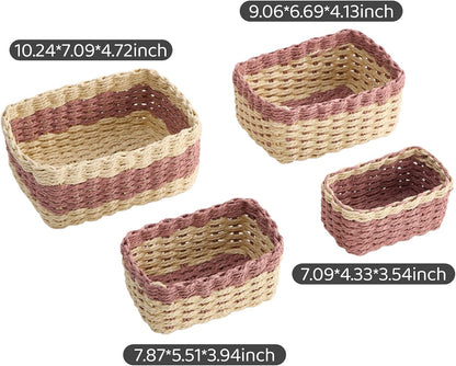 4PCS Woven Storage Baskets Set, Small Baskets for Organizing, Square Handwoven Paper Rope Organizer Bins for Shelves and Home Storage (Natural & Pink)