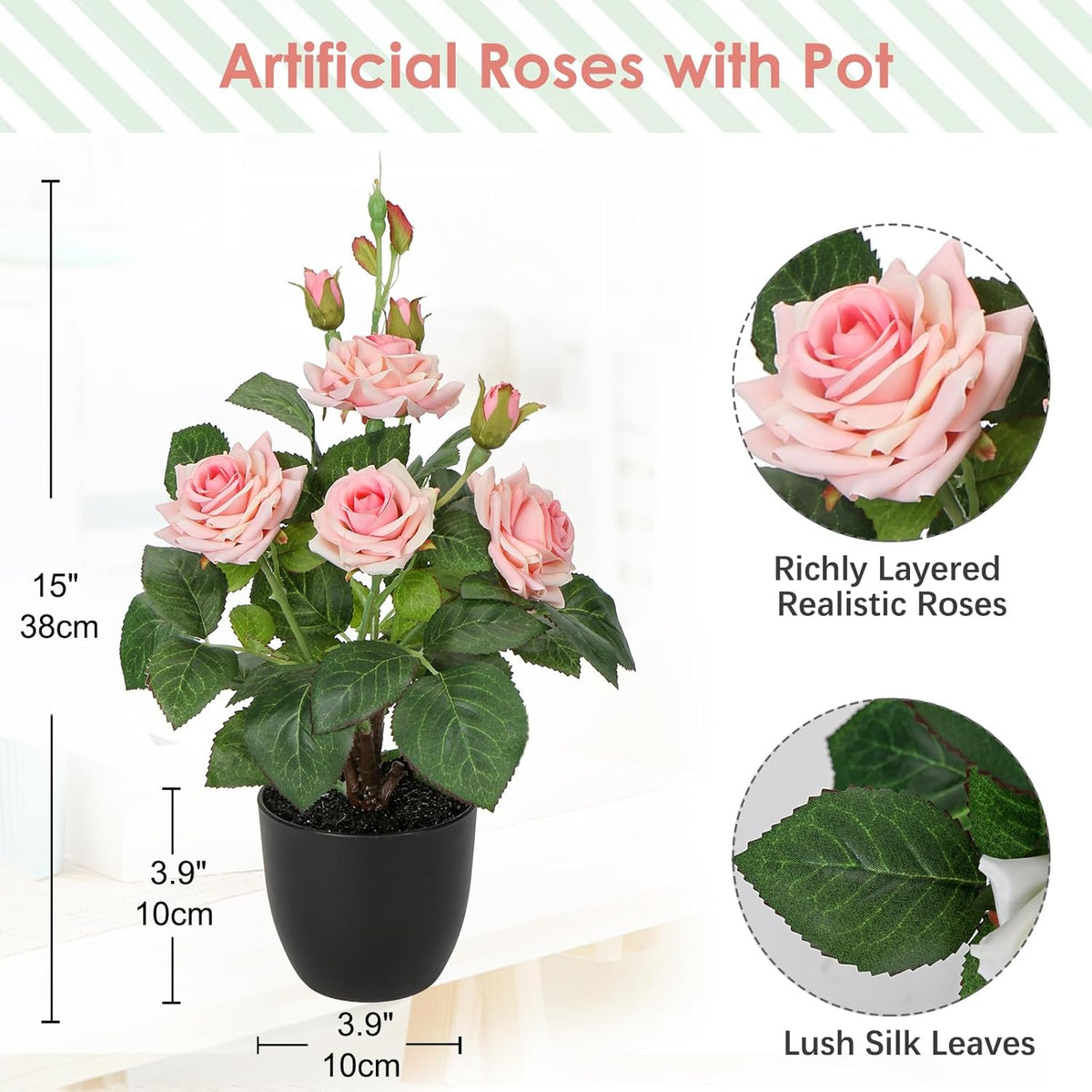 Artificial Plants & Flowers in Vase Pink Roses Artificial Flowers Potted Plant Faux Silk Flower with Pot Fake Rose Flower Arrangement Home Decor Office Bathroom Shelf Desk Decoration 15 Inch