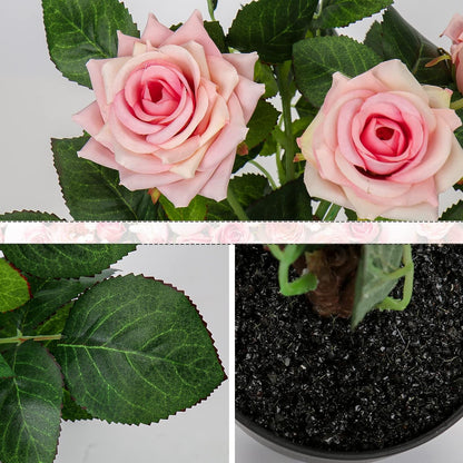 Artificial Plants & Flowers in Vase Pink Roses Artificial Flowers Potted Plant Faux Silk Flower with Pot Fake Rose Flower Arrangement Home Decor Office Bathroom Shelf Desk Decoration 15 Inch