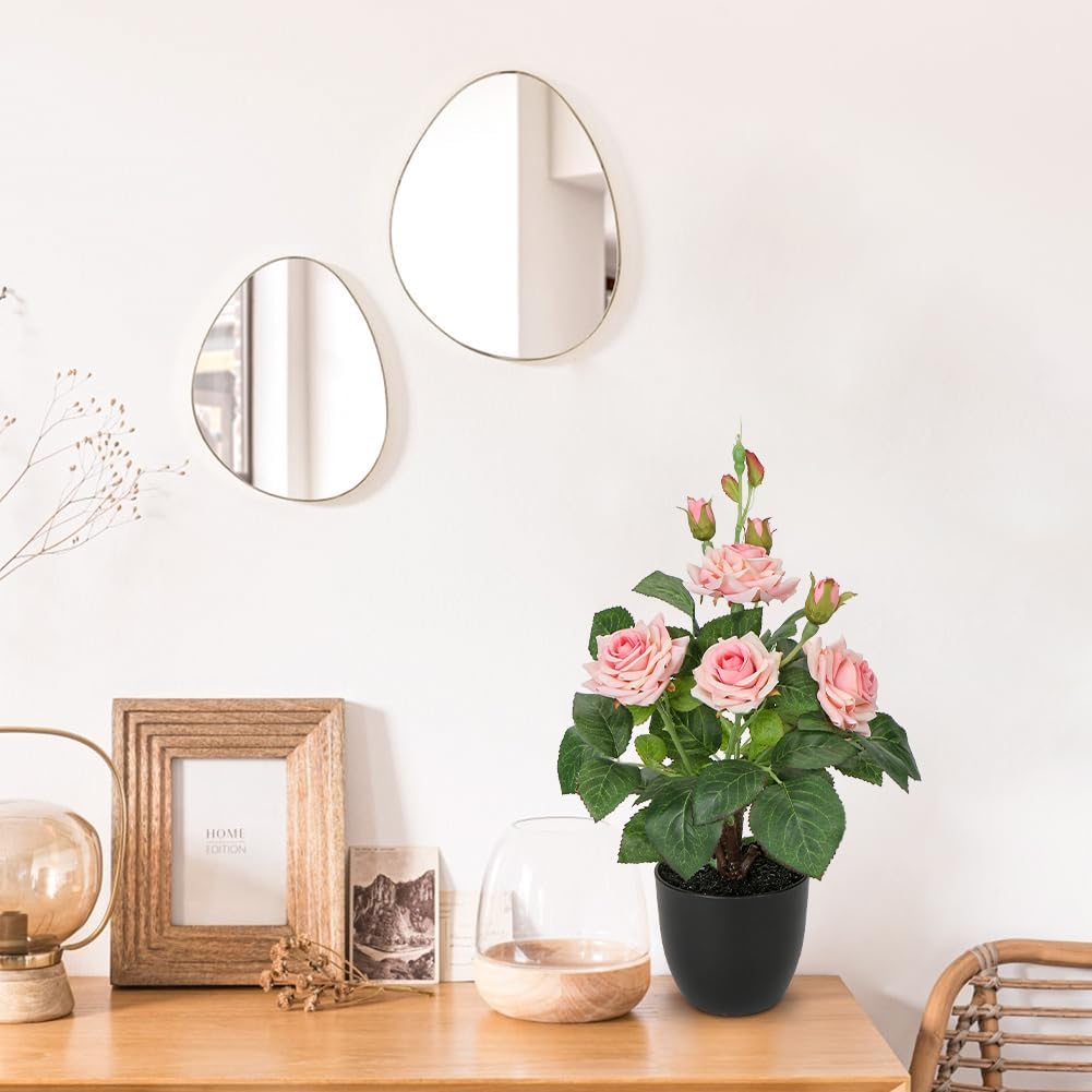 Artificial Plants & Flowers in Vase Pink Roses Artificial Flowers Potted Plant Faux Silk Flower with Pot Fake Rose Flower Arrangement Home Decor Office Bathroom Shelf Desk Decoration 15 Inch