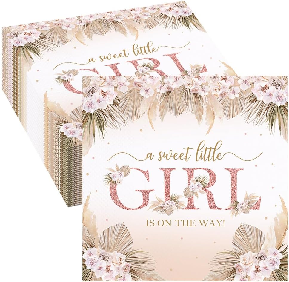 80 Pcs Boho Baby Shower Paper Napkins Boho Chic Pink Flowers A Sweet Little Girl is on The Way Rose Gold Hello Baby Party Table Decorations Supplies