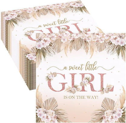 80 Pcs Boho Baby Shower Paper Napkins Boho Chic Pink Flowers A Sweet Little Girl is on The Way Rose Gold Hello Baby Party Table Decorations Supplies