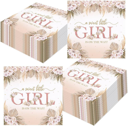 80 Pcs Boho Baby Shower Paper Napkins Boho Chic Pink Flowers A Sweet Little Girl is on The Way Rose Gold Hello Baby Party Table Decorations Supplies