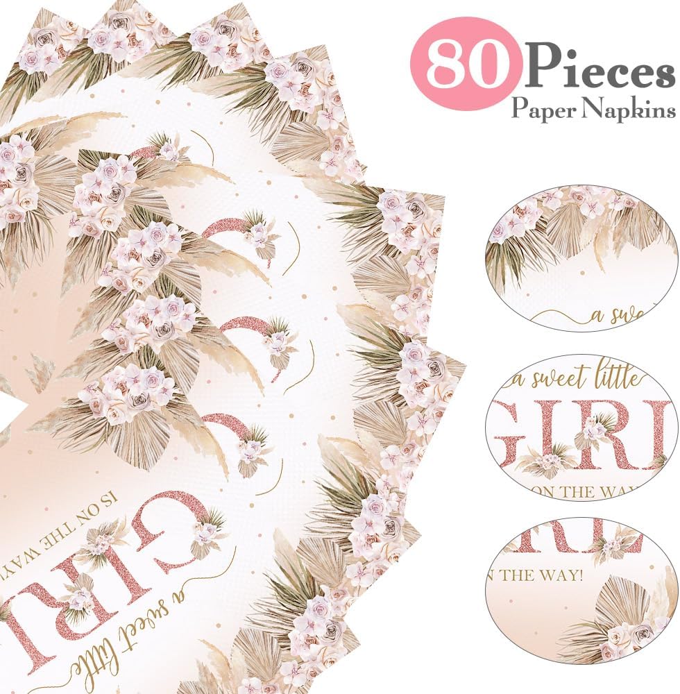 80 Pcs Boho Baby Shower Paper Napkins Boho Chic Pink Flowers A Sweet Little Girl is on The Way Rose Gold Hello Baby Party Table Decorations Supplies