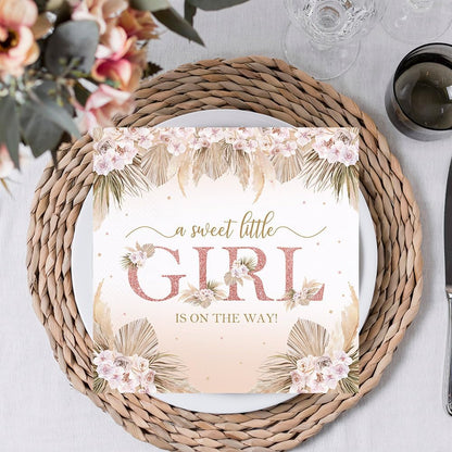80 Pcs Boho Baby Shower Paper Napkins Boho Chic Pink Flowers A Sweet Little Girl is on The Way Rose Gold Hello Baby Party Table Decorations Supplies