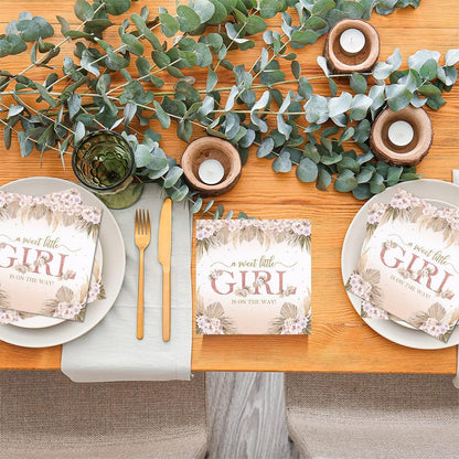 80 Pcs Boho Baby Shower Paper Napkins Boho Chic Pink Flowers A Sweet Little Girl is on The Way Rose Gold Hello Baby Party Table Decorations Supplies