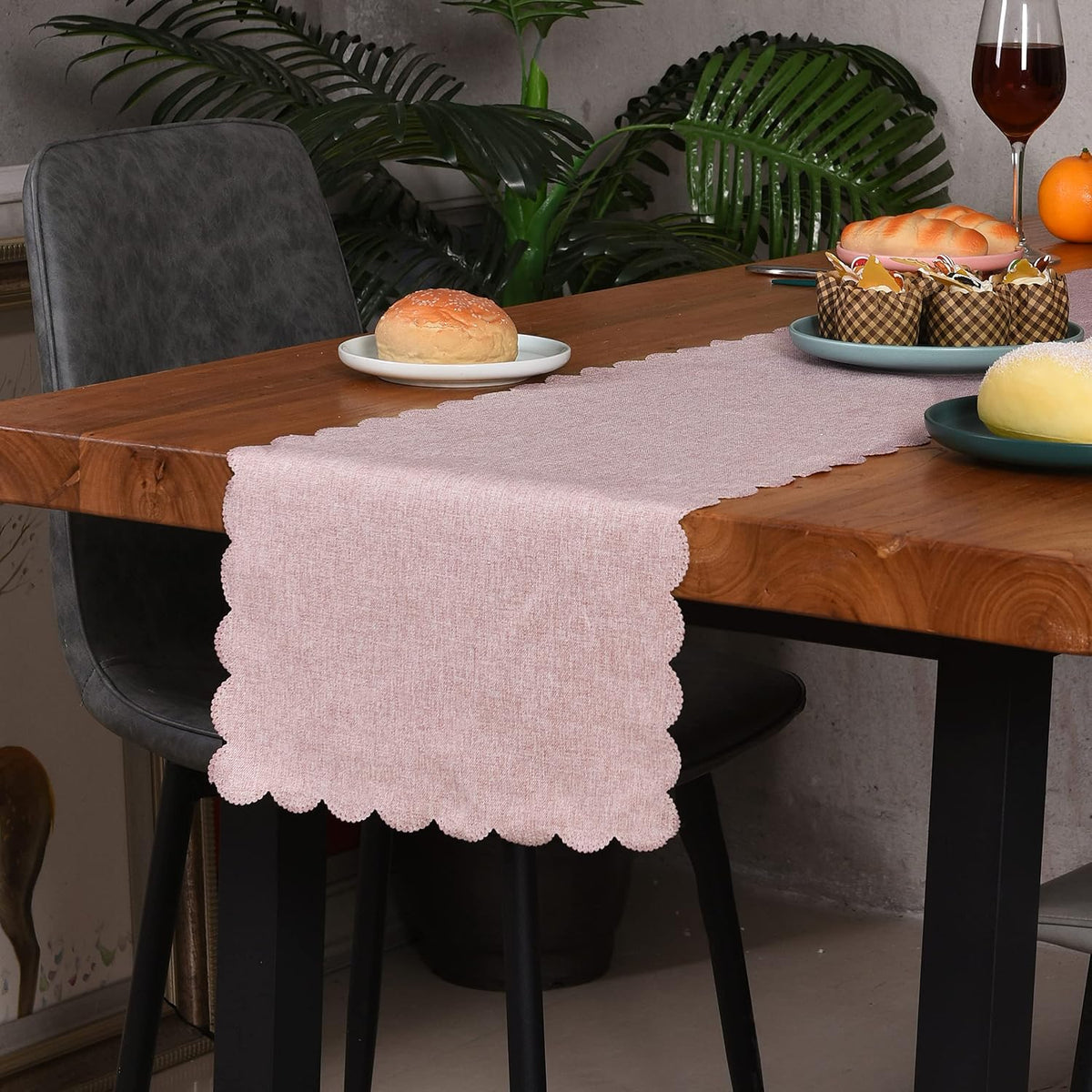 Pink Cotton Table Runner 13 x 72 in Long Farmhouse Scallop Style