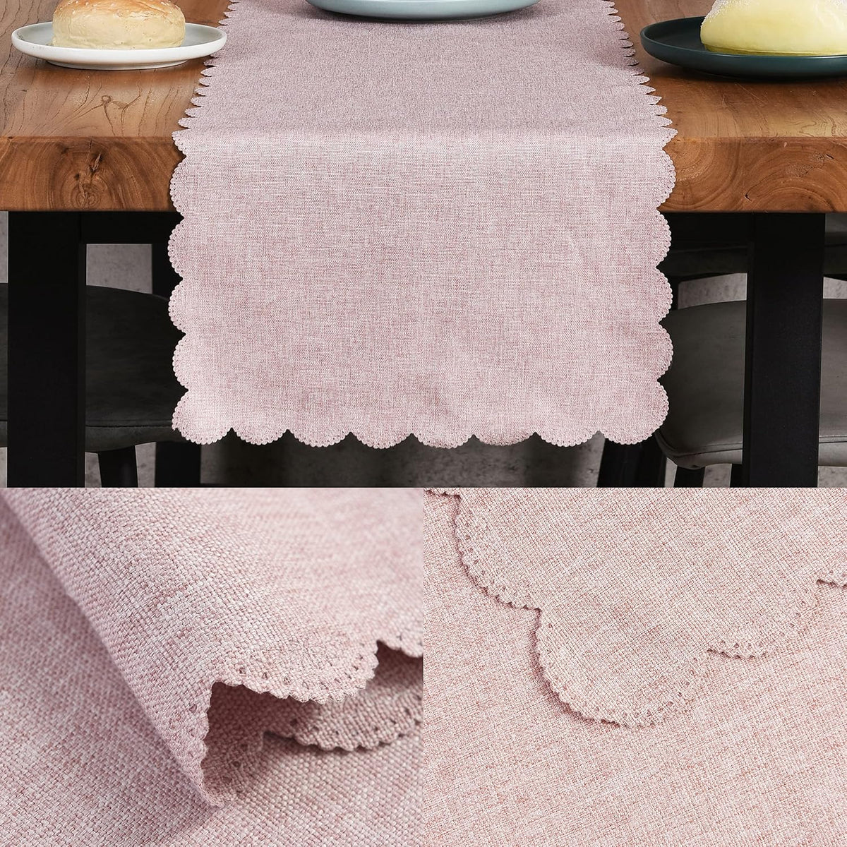 Pink Cotton Table Runner 13 x 72 in Long Farmhouse Scallop Style