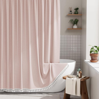 Pink Boho Shower Curtain with Tassels, Modern Farmhouse Shower Curtains for Bathroom, Pink Shower Curtain Fabric, Rustic Faux Linen Shower Curtain Set with Hooks, 72x72 Inches