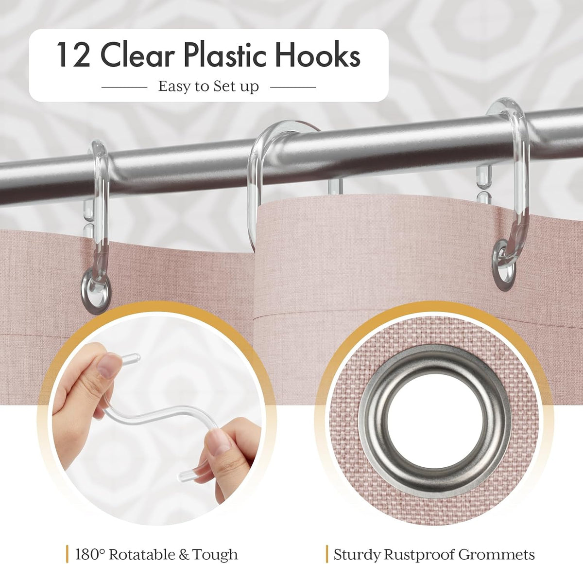 Pink Boho Shower Curtain with Tassels, Modern Farmhouse Shower Curtains for Bathroom, Pink Shower Curtain Fabric, Rustic Faux Linen Shower Curtain Set with Hooks, 72x72 Inches
