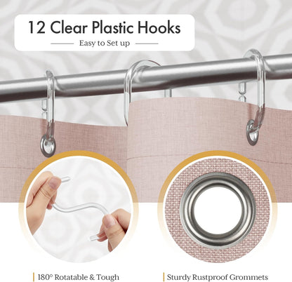 Pink Boho Shower Curtain with Tassels, Modern Farmhouse Shower Curtains for Bathroom, Pink Shower Curtain Fabric, Rustic Faux Linen Shower Curtain Set with Hooks, 72x72 Inches