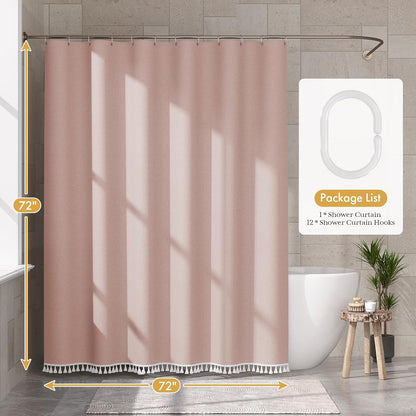 Pink Boho Shower Curtain with Tassels, Modern Farmhouse Shower Curtains for Bathroom, Pink Shower Curtain Fabric, Rustic Faux Linen Shower Curtain Set with Hooks, 72x72 Inches