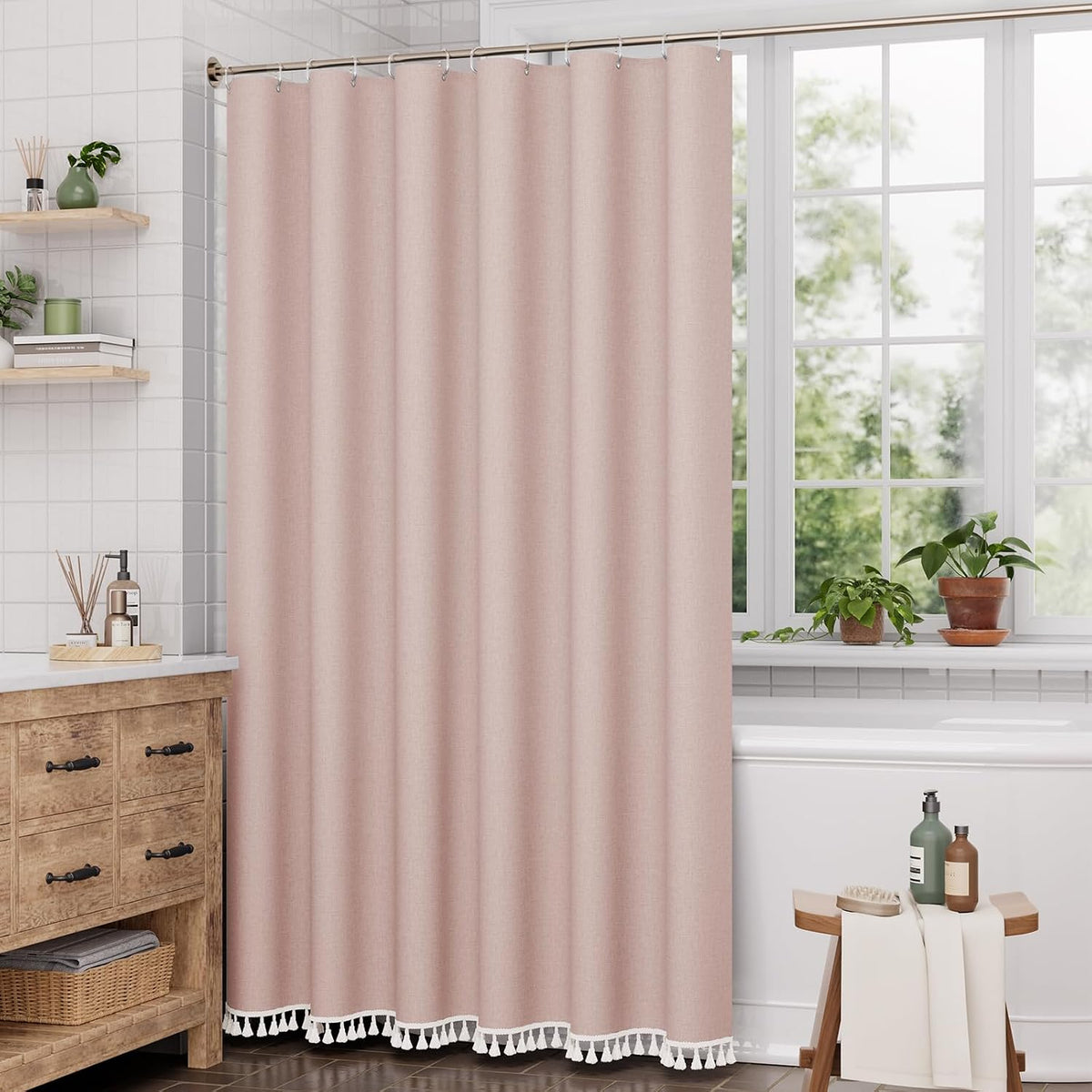 Pink Boho Shower Curtain with Tassels, Modern Farmhouse Shower Curtains for Bathroom, Pink Shower Curtain Fabric, Rustic Faux Linen Shower Curtain Set with Hooks, 72x72 Inches