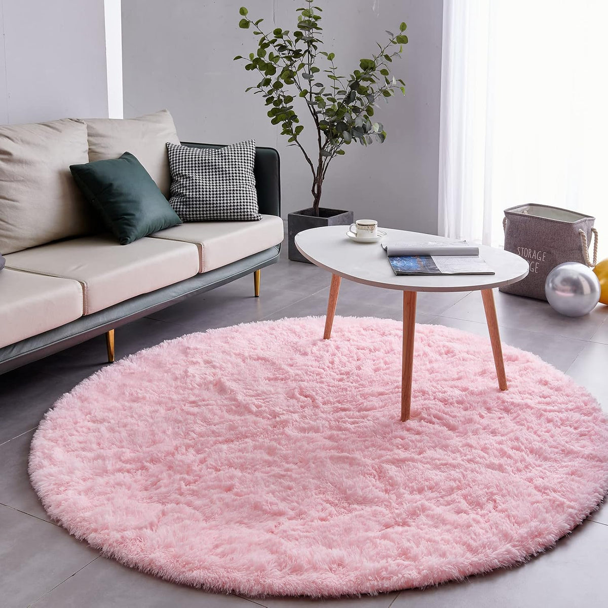 Pink Round Rug Ultra-Soft Plush Modern 4x4 Circle Area Rug for Kid's Bedroom, Fluffy Shag Circular Rug for Nursery Room, Non-Slip Home Decor Cute Pink Carpet for Teen's Room