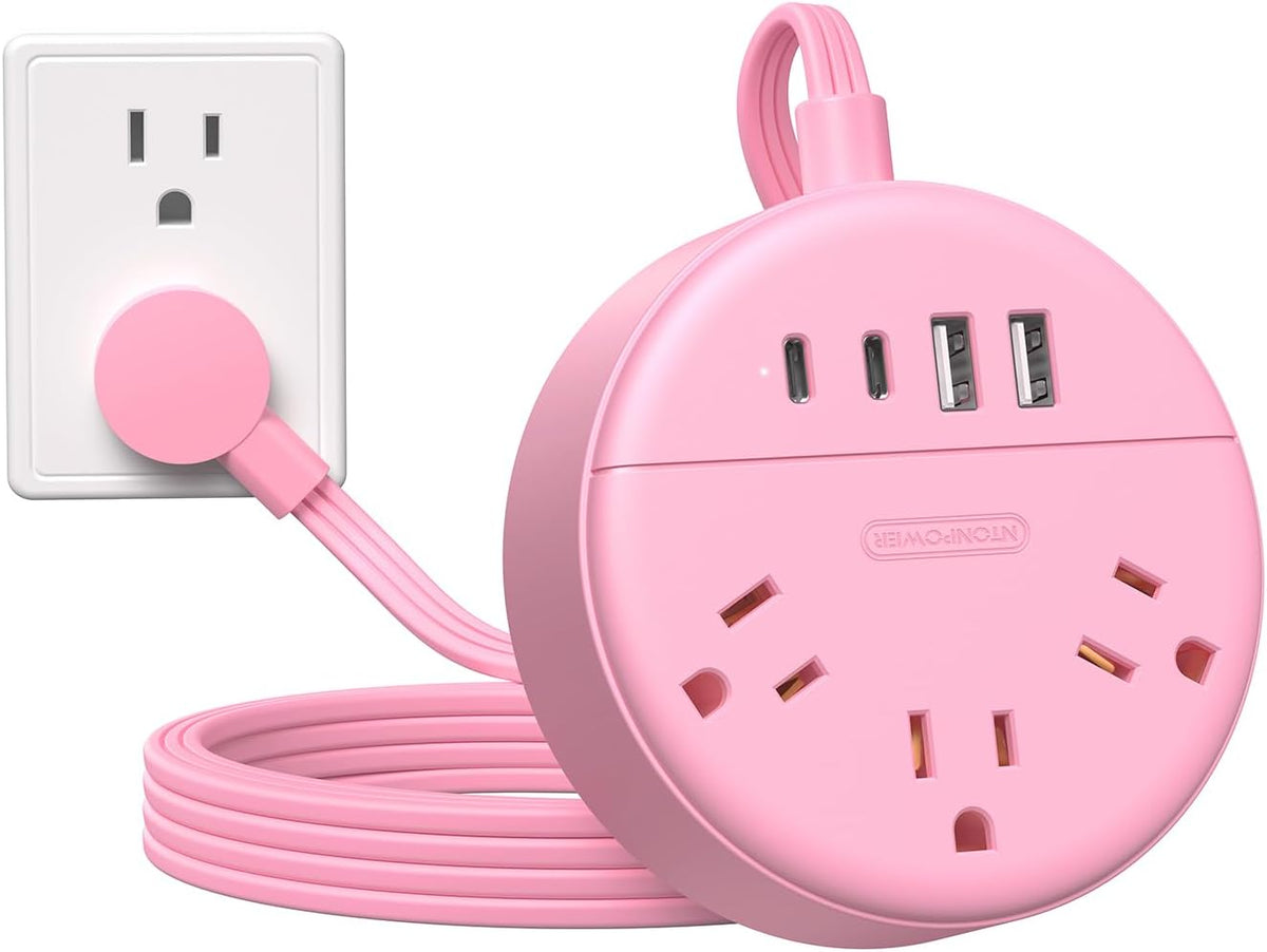 Pink Extension Cord 5ft, Cute Power Strip with 3 AC Outlets & 2 USB C & 2 USB A, Flat Extension Cord, Wall Mount, Flat Plug Power Strip for Home, Dorm, Vanity Desk, Women Essential