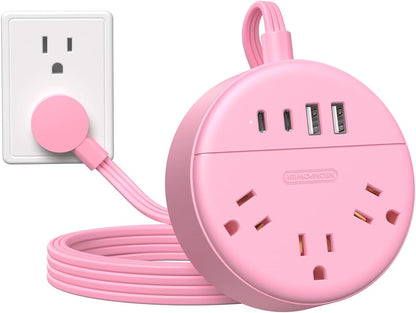 Pink Extension Cord 5ft, Cute Power Strip with 3 AC Outlets & 2 USB C & 2 USB A, Flat Extension Cord, Wall Mount, Flat Plug Power Strip for Home, Dorm, Vanity Desk, Women Essential