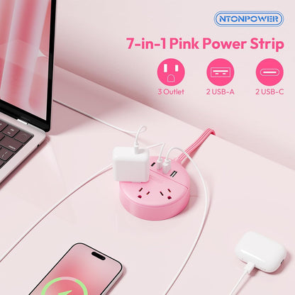 Pink Extension Cord 5ft, Cute Power Strip with 3 AC Outlets & 2 USB C & 2 USB A, Flat Extension Cord, Wall Mount, Flat Plug Power Strip for Home, Dorm, Vanity Desk, Women Essential