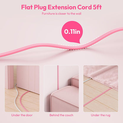 Pink Extension Cord 5ft, Cute Power Strip with 3 AC Outlets & 2 USB C & 2 USB A, Flat Extension Cord, Wall Mount, Flat Plug Power Strip for Home, Dorm, Vanity Desk, Women Essential