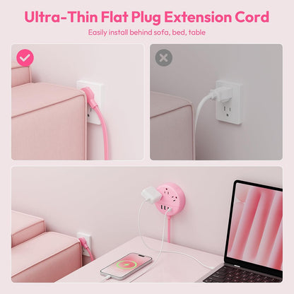 Pink Extension Cord 5ft, Cute Power Strip with 3 AC Outlets & 2 USB C & 2 USB A, Flat Extension Cord, Wall Mount, Flat Plug Power Strip for Home, Dorm, Vanity Desk, Women Essential