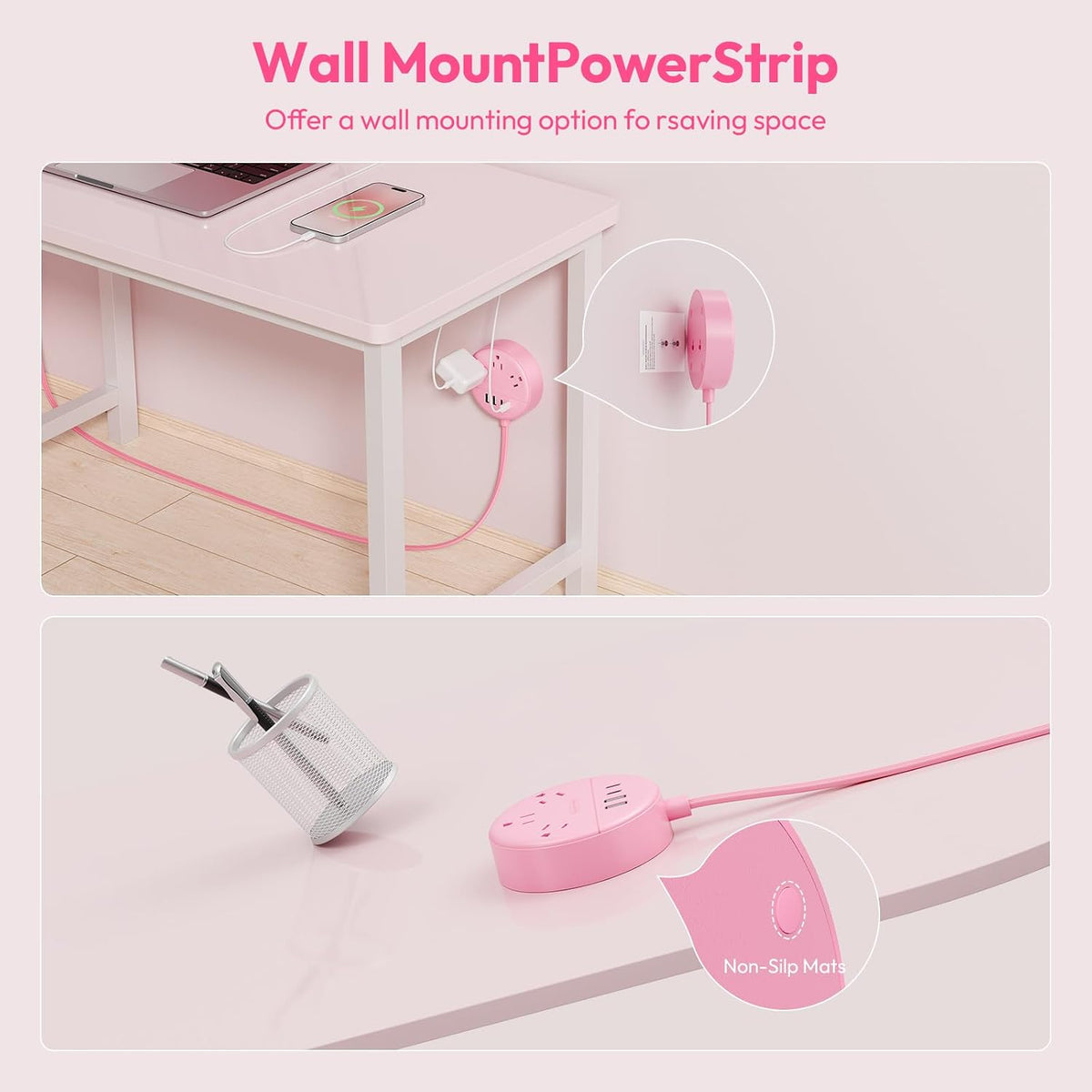 Pink Extension Cord 5ft, Cute Power Strip with 3 AC Outlets & 2 USB C & 2 USB A, Flat Extension Cord, Wall Mount, Flat Plug Power Strip for Home, Dorm, Vanity Desk, Women Essential