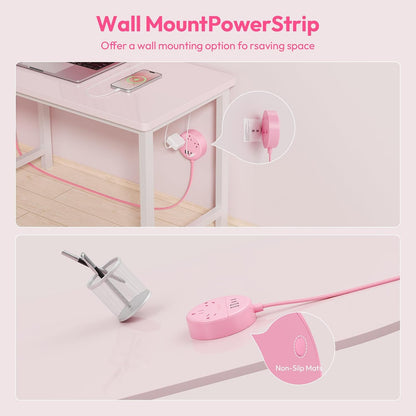 Pink Extension Cord 5ft, Cute Power Strip with 3 AC Outlets & 2 USB C & 2 USB A, Flat Extension Cord, Wall Mount, Flat Plug Power Strip for Home, Dorm, Vanity Desk, Women Essential