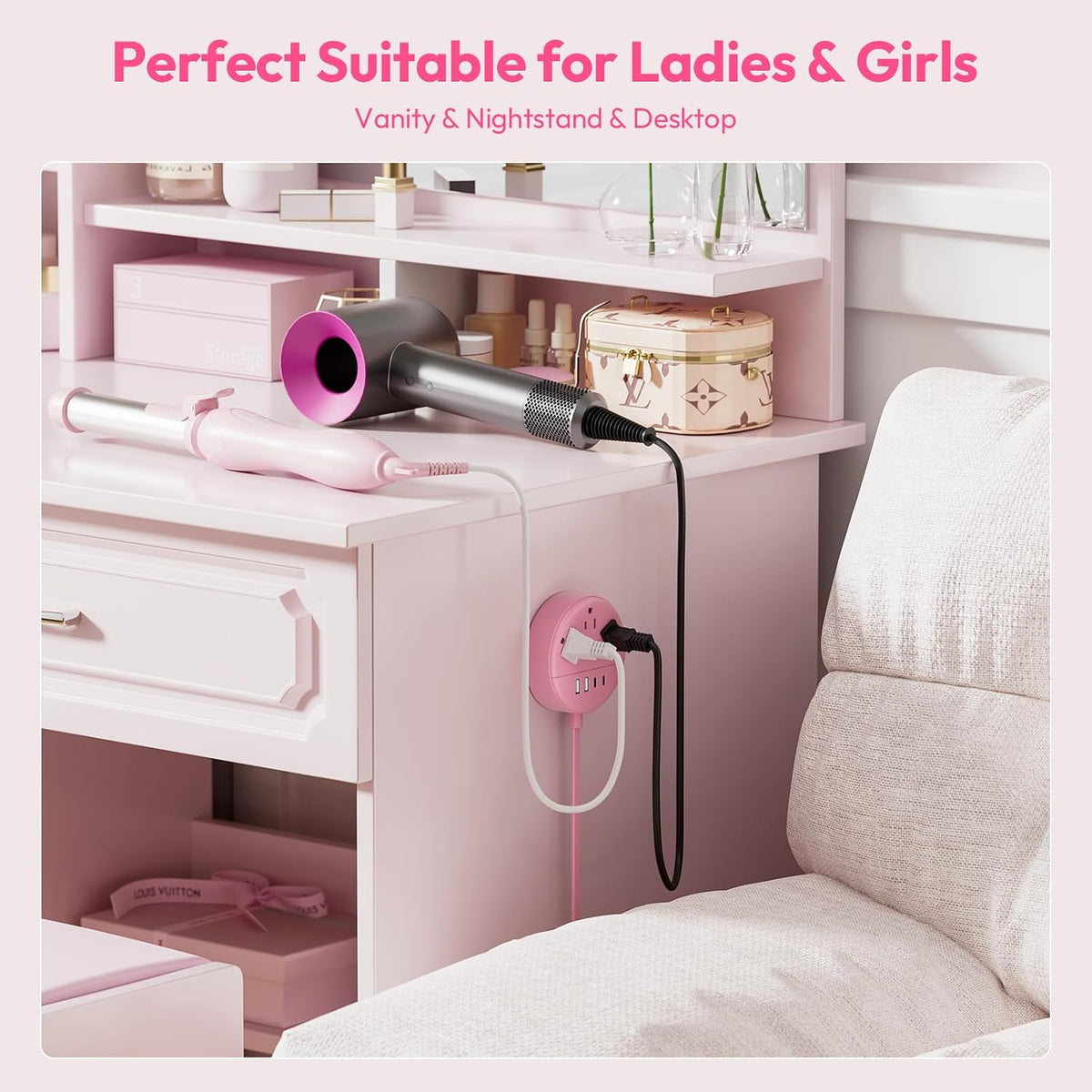 Pink Extension Cord 5ft, Cute Power Strip with 3 AC Outlets & 2 USB C & 2 USB A, Flat Extension Cord, Wall Mount, Flat Plug Power Strip for Home, Dorm, Vanity Desk, Women Essential