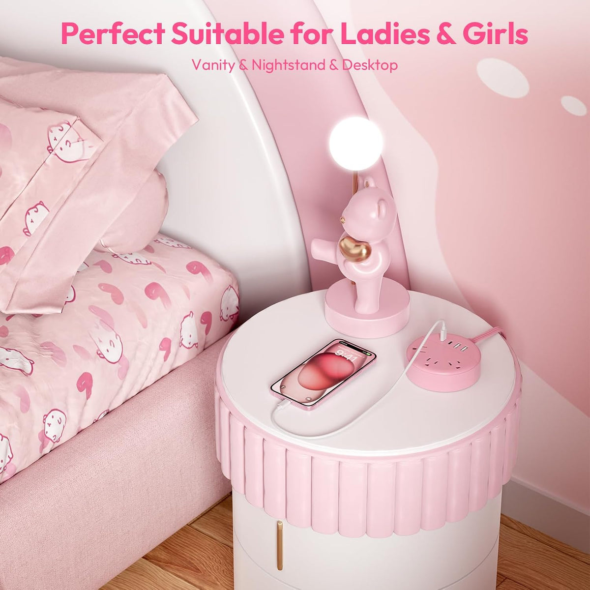Pink Extension Cord 5ft, Cute Power Strip with 3 AC Outlets & 2 USB C & 2 USB A, Flat Extension Cord, Wall Mount, Flat Plug Power Strip for Home, Dorm, Vanity Desk, Women Essential