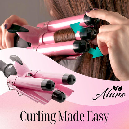 Alure Three Barrel Curling Iron Wand Hair Waver with LCD Temperature Display - 1 Inch Ceramic Tourmaline Triple Barrels, Dual Voltage Crimp