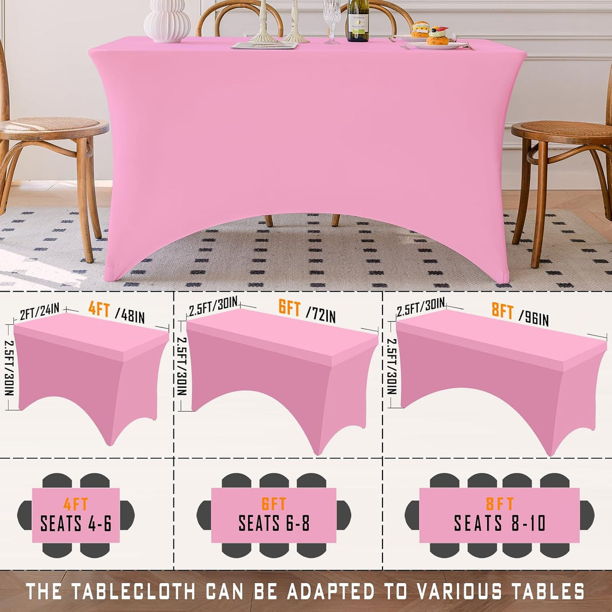 Table Cloth Pink 6FT Spandex Stretch Covers for Rectangle Fitted Tablecloth