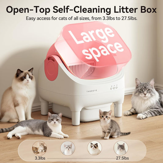 Self Cleaning Litter Box, Open-Top Automatic Litter Box with Smart App and Safety Sensors, Large Auto Litter Box for Multiple Cats, 10L Waste Bin with Odor Control, Includes Trash Bag, Pink
