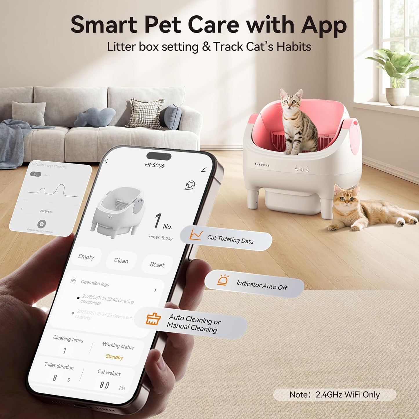 Self Cleaning Litter Box, Open-Top Automatic Litter Box with Smart App and Safety Sensors, Large Auto Litter Box for Multiple Cats, 10L Waste Bin with Odor Control, Includes Trash Bag, Pink