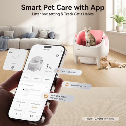 Self Cleaning Litter Box, Open-Top Automatic Litter Box with Smart App and Safety Sensors, Large Auto Litter Box for Multiple Cats, 10L Waste Bin with Odor Control, Includes Trash Bag, Pink