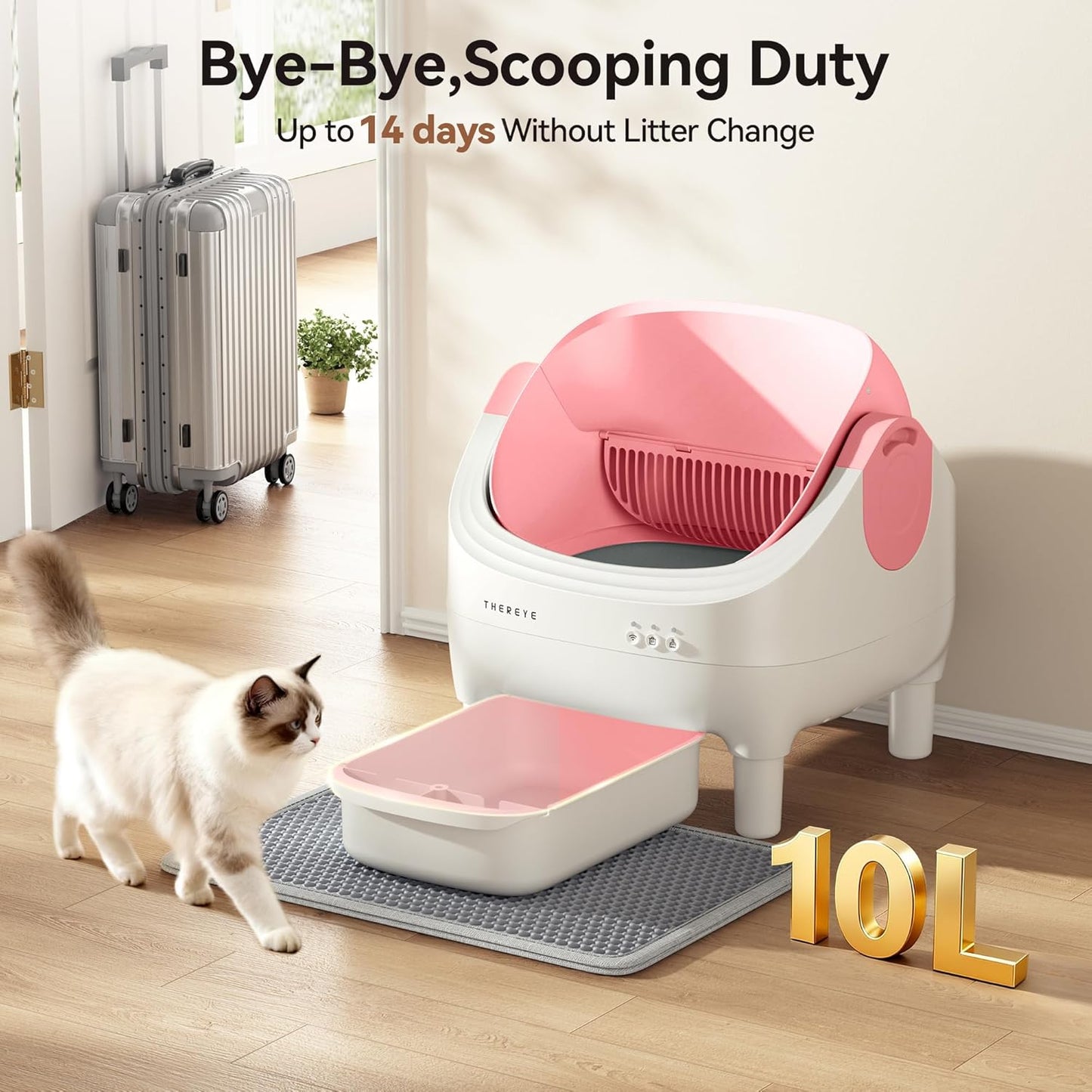 Self Cleaning Litter Box, Open-Top Automatic Litter Box with Smart App and Safety Sensors, Large Auto Litter Box for Multiple Cats, 10L Waste Bin with Odor Control, Includes Trash Bag, Pink
