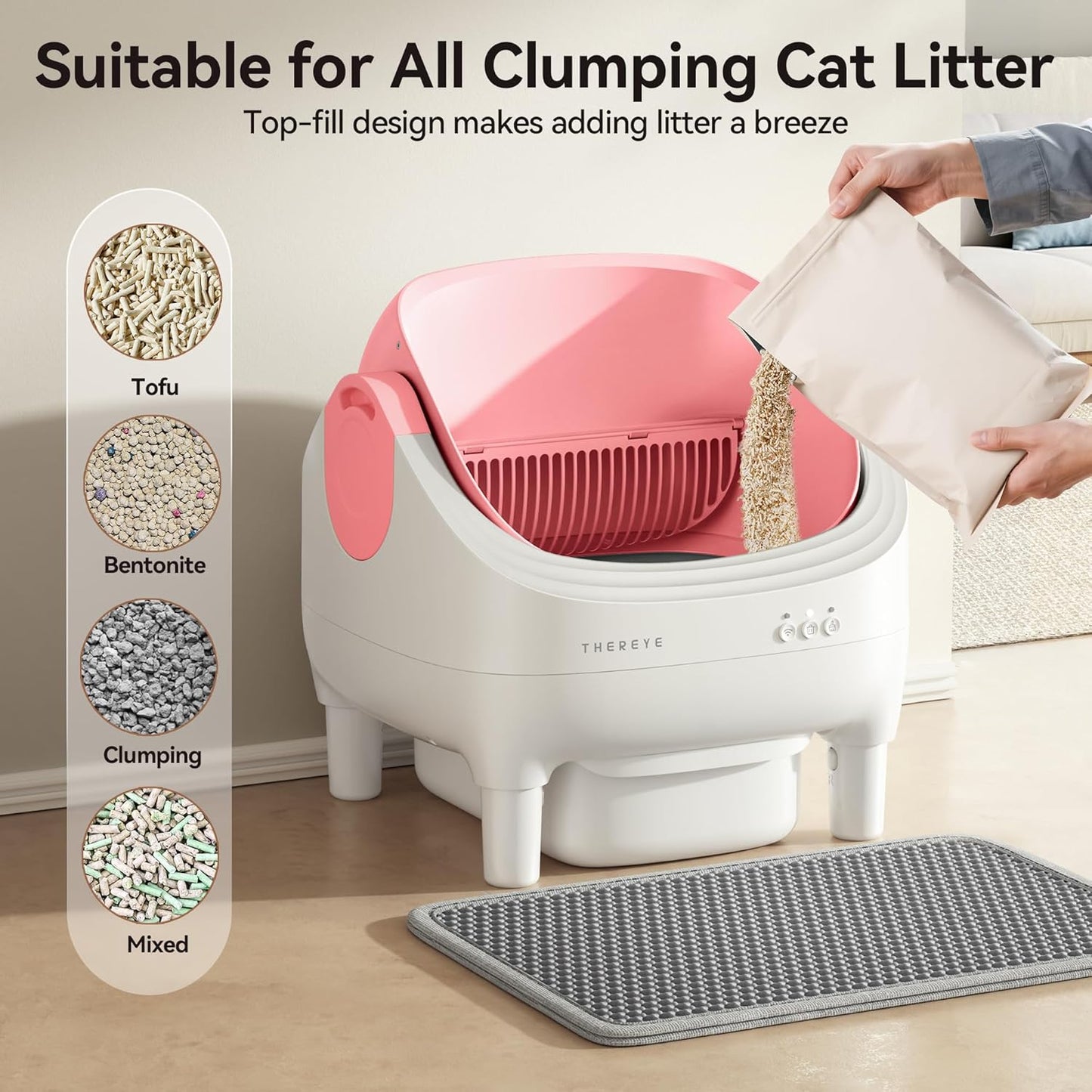 Self Cleaning Litter Box, Open-Top Automatic Litter Box with Smart App and Safety Sensors, Large Auto Litter Box for Multiple Cats, 10L Waste Bin with Odor Control, Includes Trash Bag, Pink