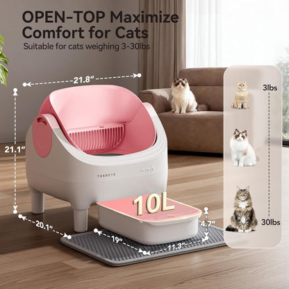 Self Cleaning Litter Box, Open-Top Automatic Litter Box with Smart App and Safety Sensors, Large Auto Litter Box for Multiple Cats, 10L Waste Bin with Odor Control, Includes Trash Bag, Pink