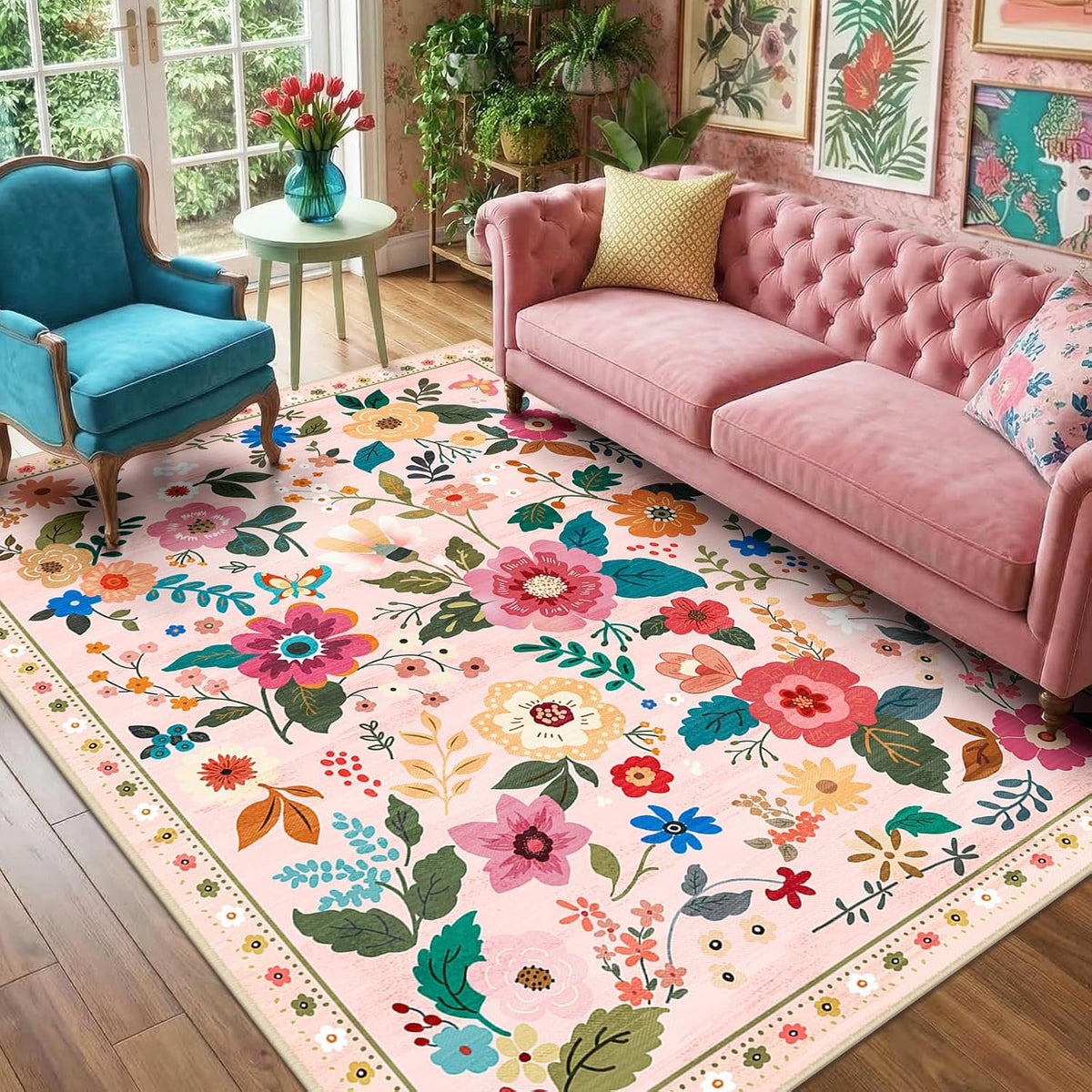 Floral Washable 5x7 Area Rugs Pink