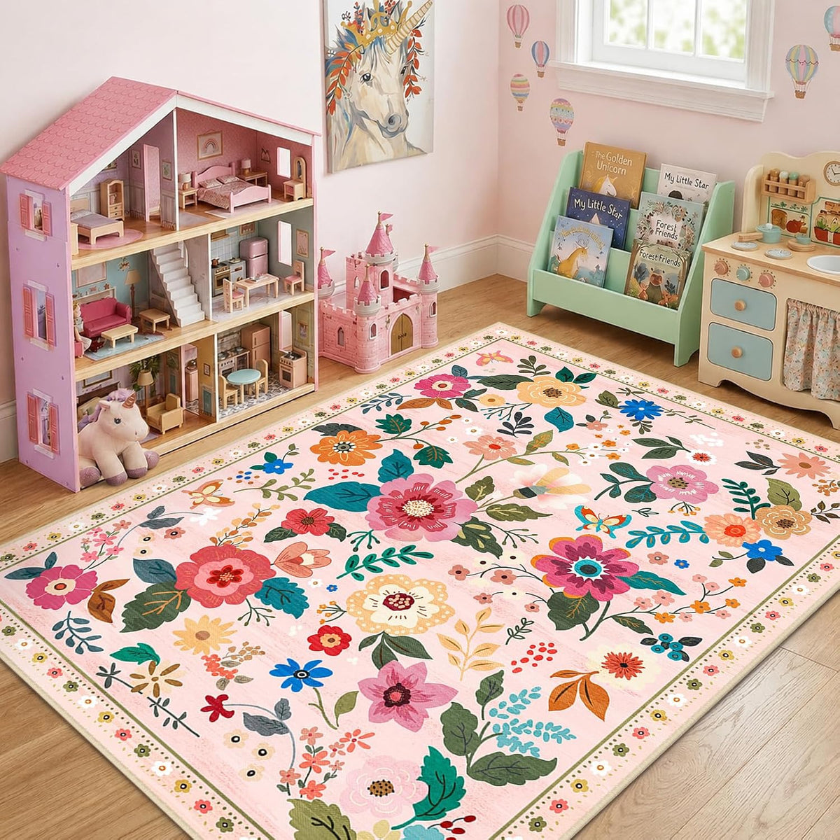 Floral Washable 5x7 Area Rugs Pink