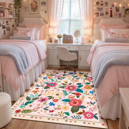 Floral Washable 5x7 Area Rugs Pink