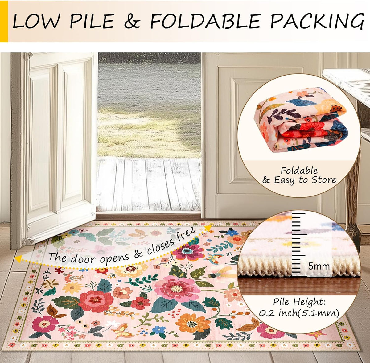 Floral Washable 5x7 Area Rugs Pink