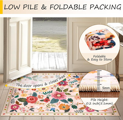 Floral Washable 5x7 Area Rugs Pink