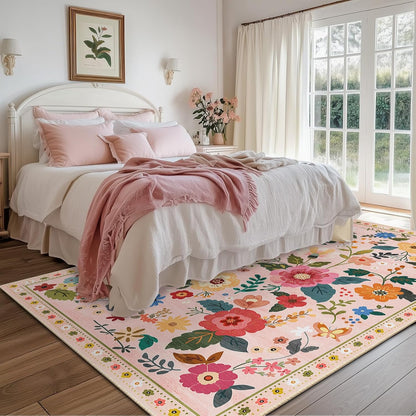 Floral Washable 5x7 Area Rugs Pink