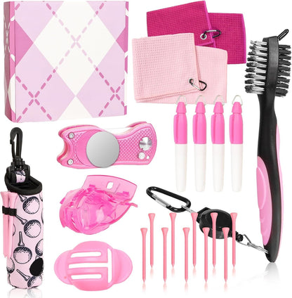 Golf Accessories Kit Golf Club Cleaning Kit Club Groove Cleaner Brush Divot Repair Tool Golf Towel with Clip Ball Bag with Hook Ball Alignment Kit Marking Pen Golf Gift Set Women