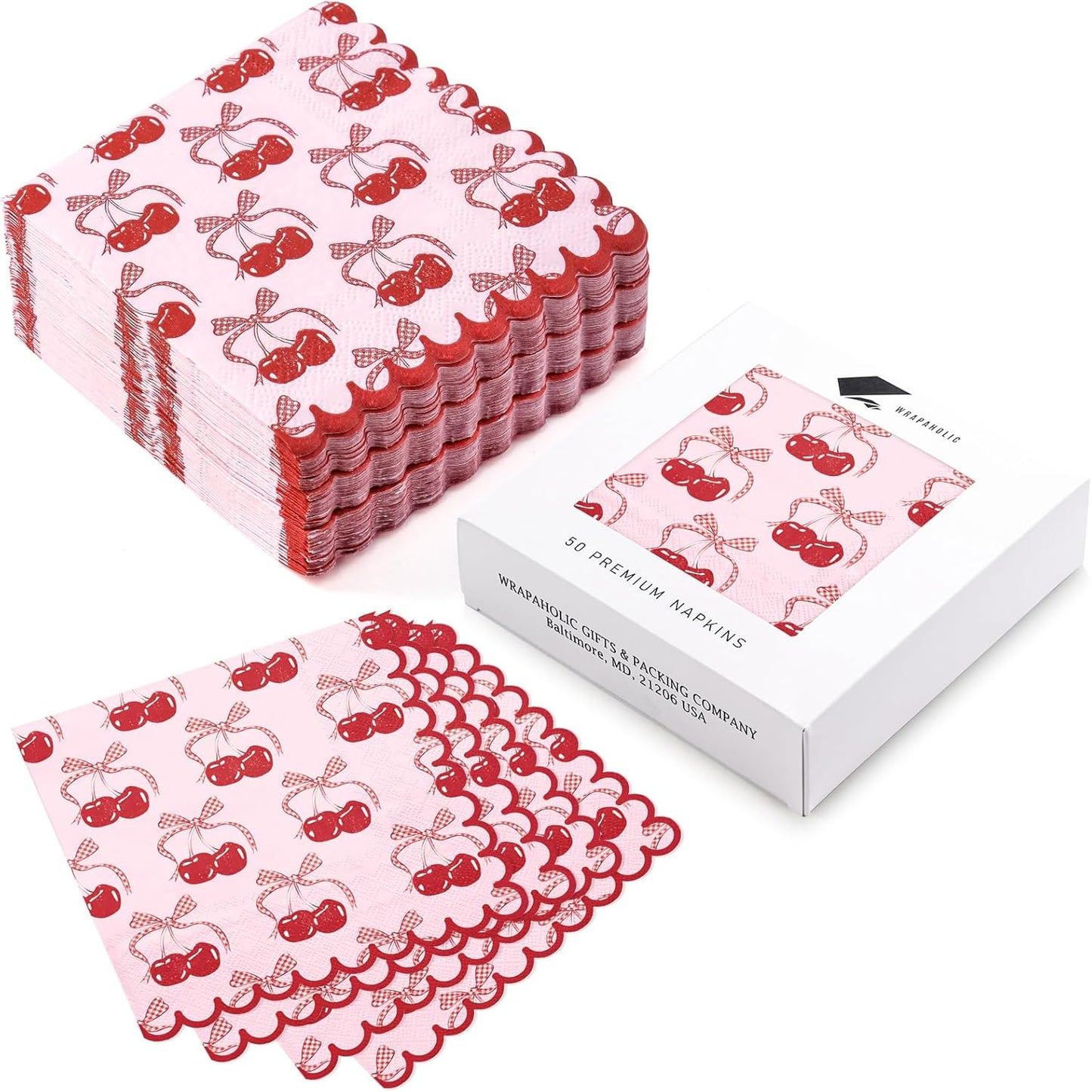 WRAPAHOLIC 50Pcs Pink Bow Cherry Cocktail Napkins - 3-Ply Lovely Pink Bow Cherry Disposable Paper Napkins for Girl Birthday Wedding Tableware Party Supplies - 5 x 5 In