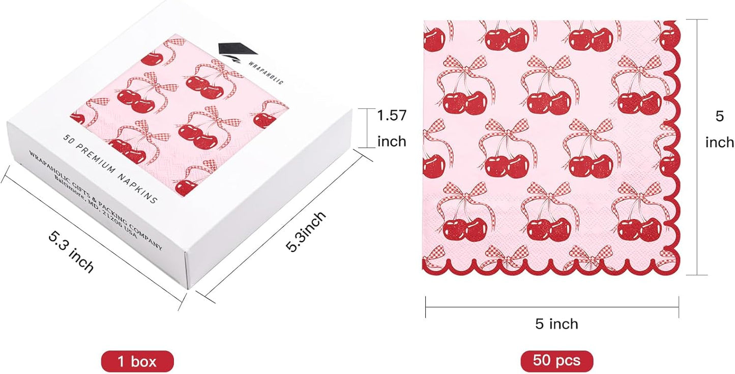 WRAPAHOLIC 50Pcs Pink Bow Cherry Cocktail Napkins - 3-Ply Lovely Pink Bow Cherry Disposable Paper Napkins for Girl Birthday Wedding Tableware Party Supplies - 5 x 5 In
