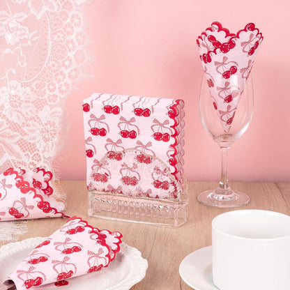 WRAPAHOLIC 50Pcs Pink Bow Cherry Cocktail Napkins - 3-Ply Lovely Pink Bow Cherry Disposable Paper Napkins for Girl Birthday Wedding Tableware Party Supplies - 5 x 5 In
